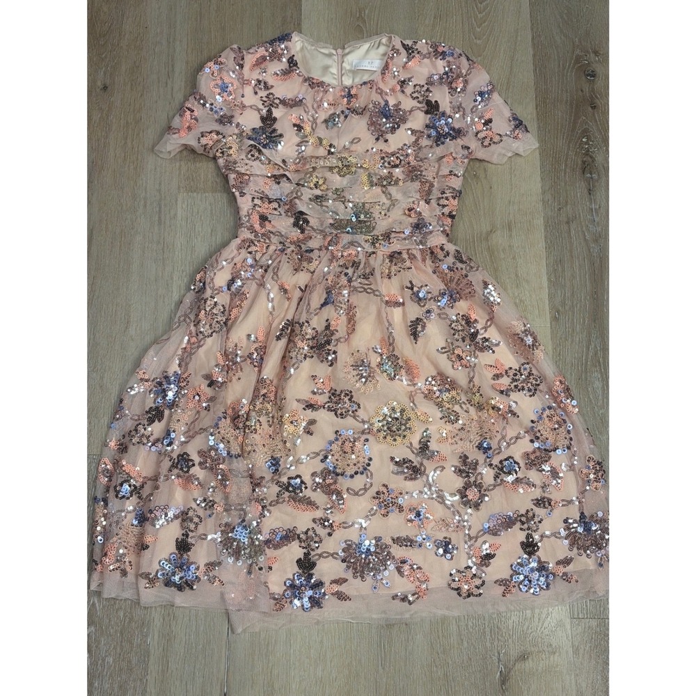 Rachel Parcell Pink Tulle Floral Sequin Cocktail Dress Short Sleeve Mini